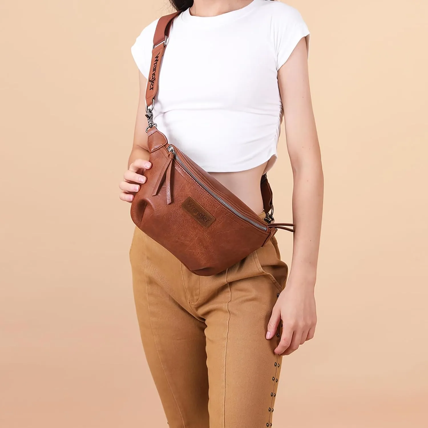 Wrangler Large Fanny Packs for Women Waist Bag Travel Belt Bags Crossbody Sling Purse Brown